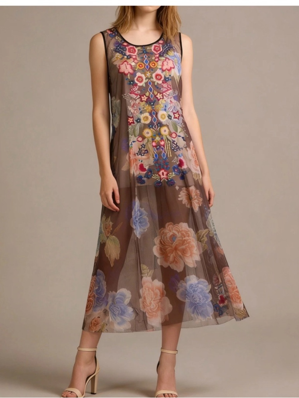 Johnny Was Biya Mesh Sleeveless Floral Embroidered Midi Dress Size XS